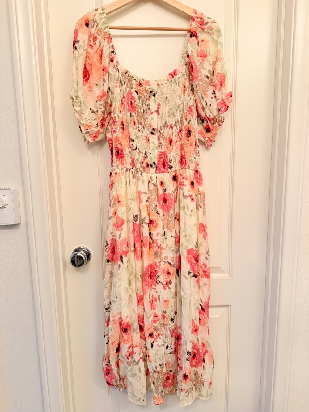 Floral Smocked Midi Dress in Cream and Pink